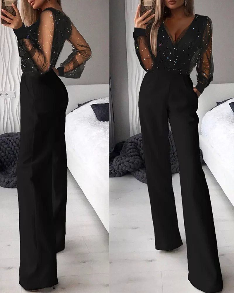 Sequin Wide Leg Jumpsuit with V-Neck for Women