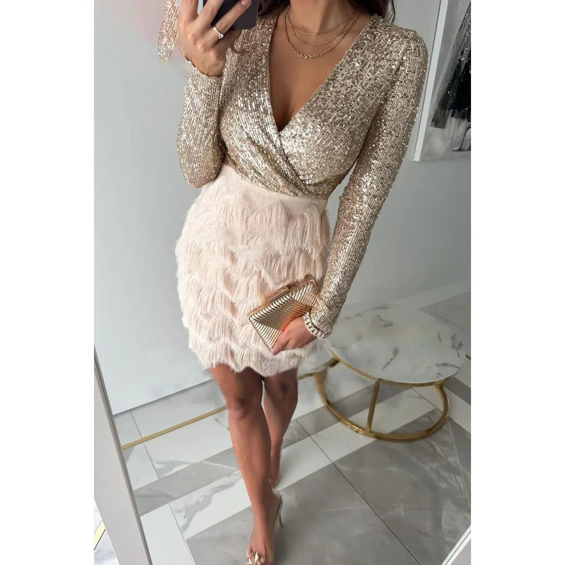 Sequin Wrap Dress with V-Neck and Feather Skirt for Women