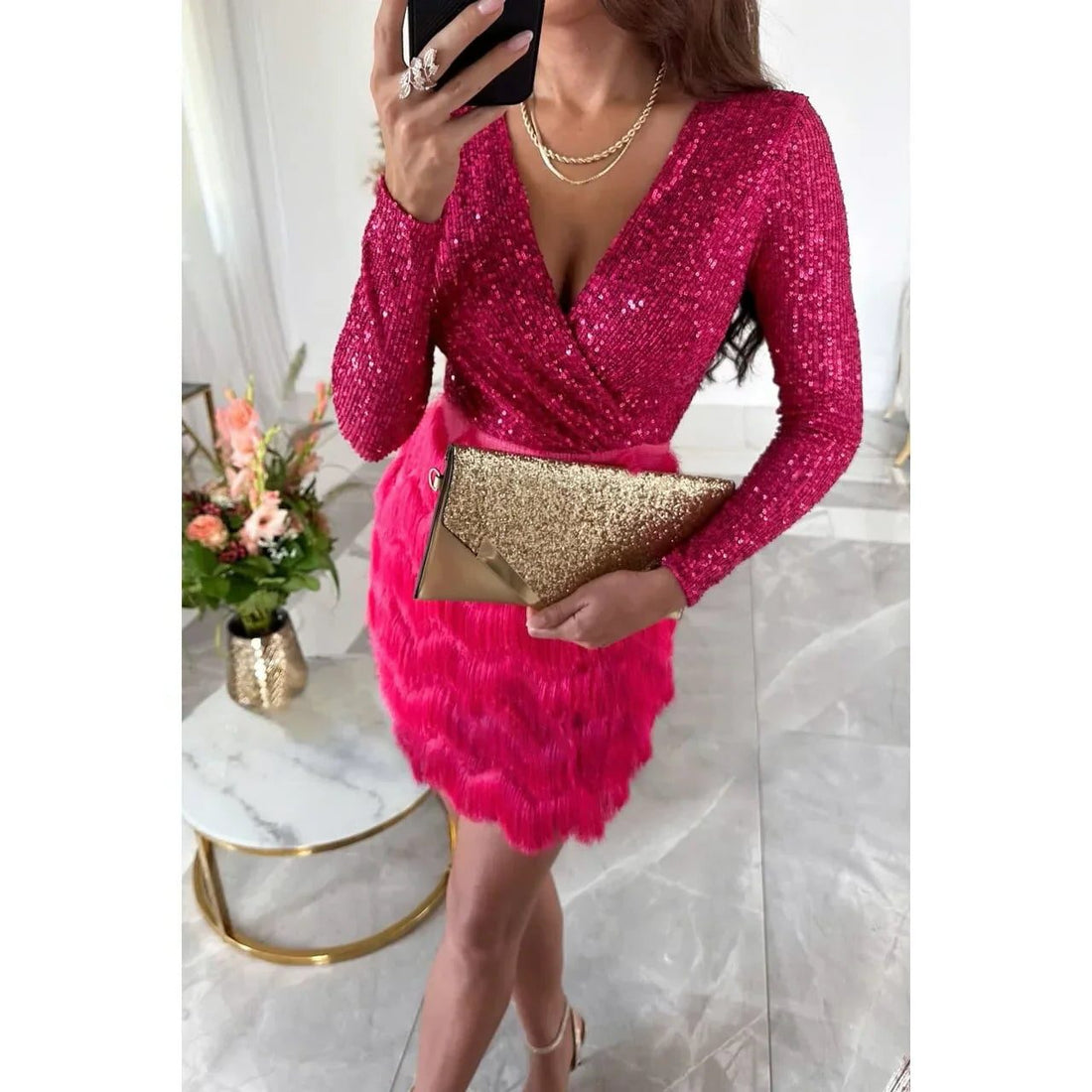 Sequin Wrap Dress with V-Neck and Feather Skirt for Women
