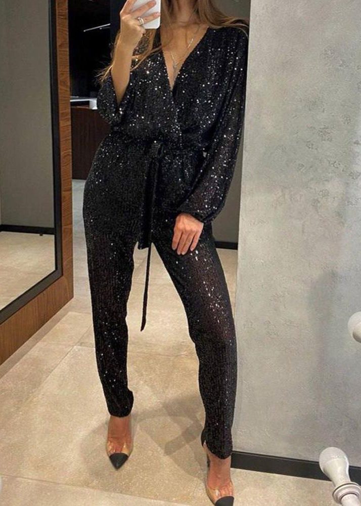 Sequin Wrap Jumpsuit for Women - Black