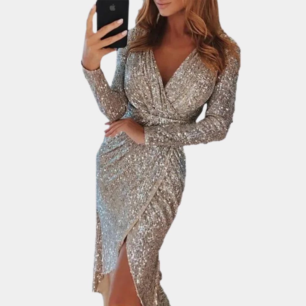 Sequin Wrap Midi Dress with Front Split for Women