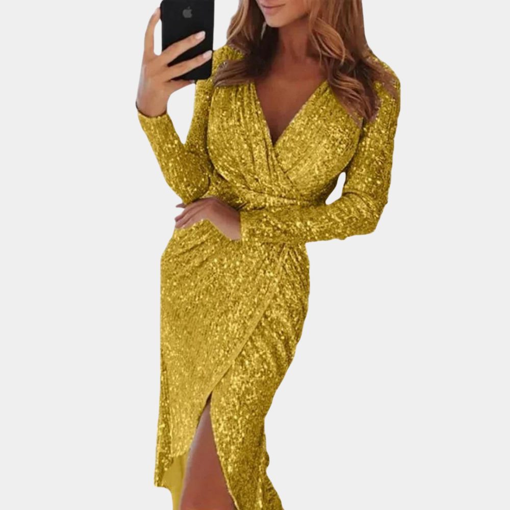 Sequin Wrap Midi Dress with Front Split for Women