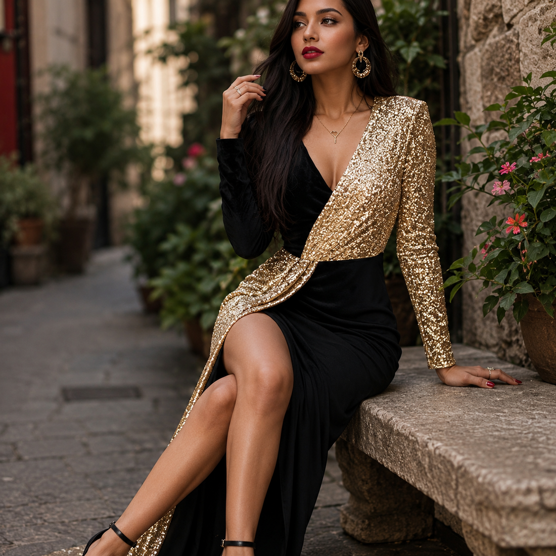 Sequin Wrap Midi Dress with Split for Women