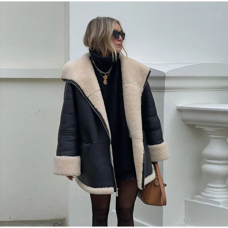 Shearling-Lined Leather Winter Jacket with Faux Fur Collar for Women