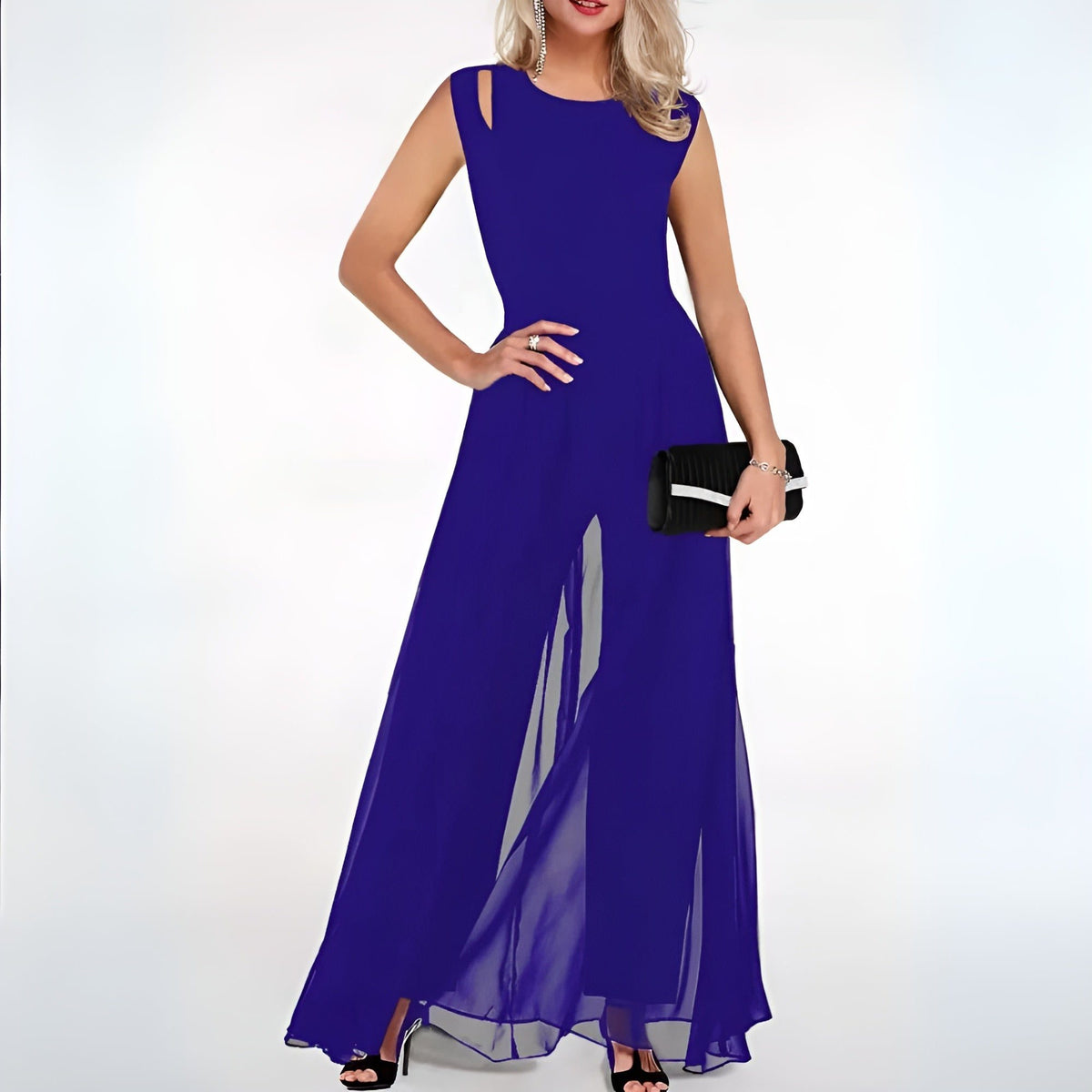 Sleeveless A-Line Maxi Dress with Side Slit for Women - Royal Blue
