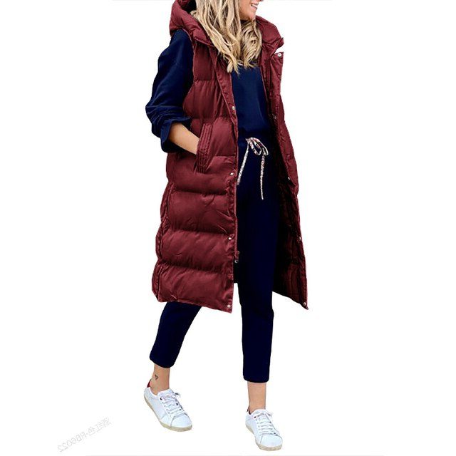 Sleeveless Long Puffer Vest for Women - Red Wine