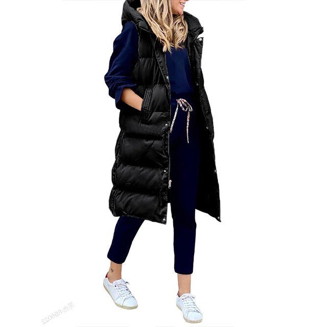 Sleeveless Long Puffer Vest for Women - Black