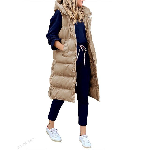 Sleeveless Long Puffer Vest for Women - Khaki