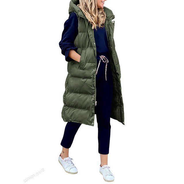 Sleeveless Long Puffer Vest for Women - Military Green