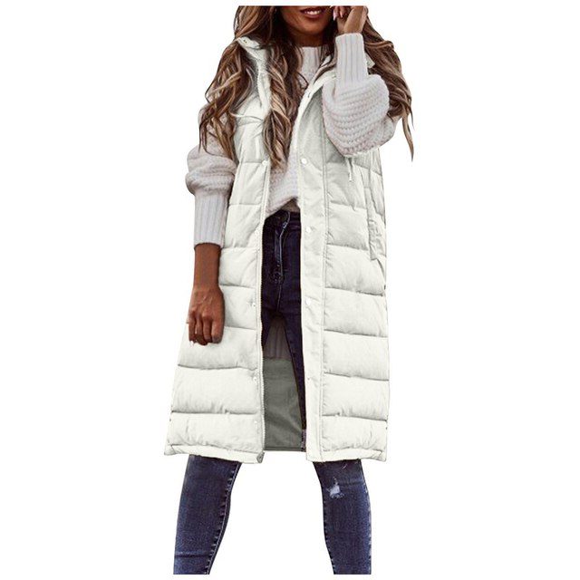Sleeveless Long Puffer Vest for Women - Cream