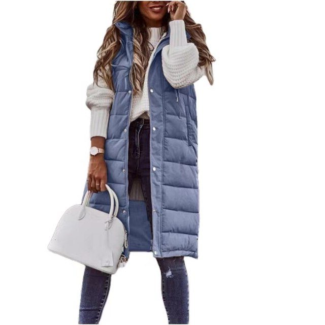 Sleeveless Long Puffer Vest for Women - Blue