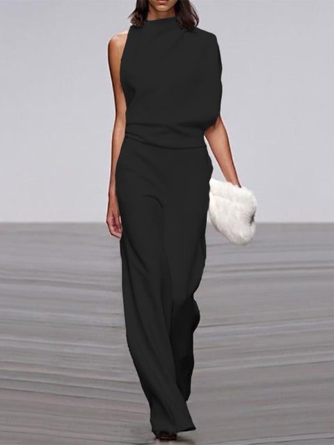Sleeveless Mock Neck Jumpsuit for Women - Black