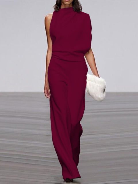 Sleeveless Mock Neck Jumpsuit for Women - Burgundy