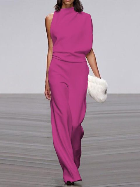 Sleeveless Mock Neck Jumpsuit for Women - Rose Red