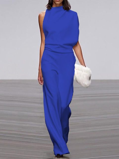 Sleeveless Mock Neck Jumpsuit for Women - Blue
