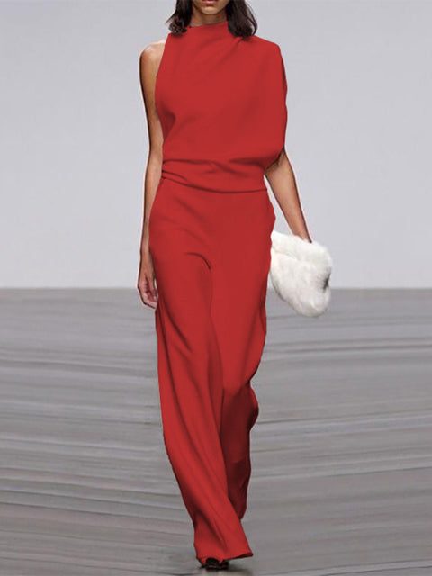 Sleeveless Mock Neck Jumpsuit for Women - Red