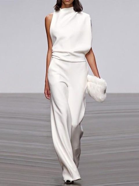 Sleeveless Mock Neck Jumpsuit for Women - White