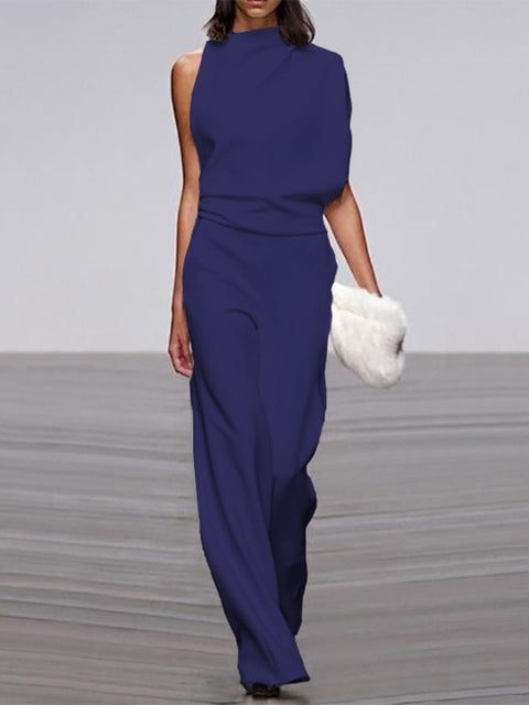 Sleeveless Mock Neck Jumpsuit for Women - Deep Blue