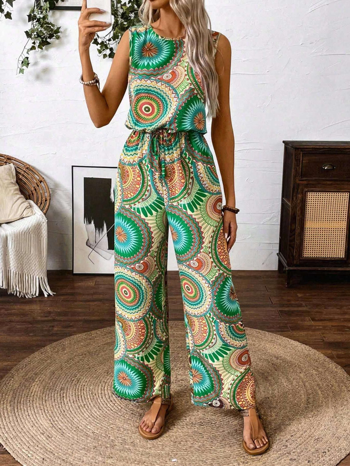 Sleeveless Wide Leg Jumpsuit with Tie Waist for Women - Dark Green