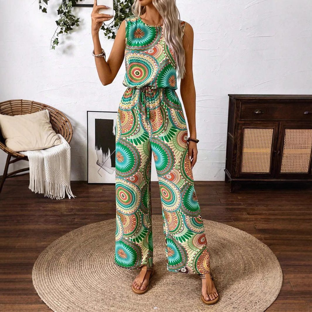 Sleeveless Wide Leg Jumpsuit with Tie Waist for Women
