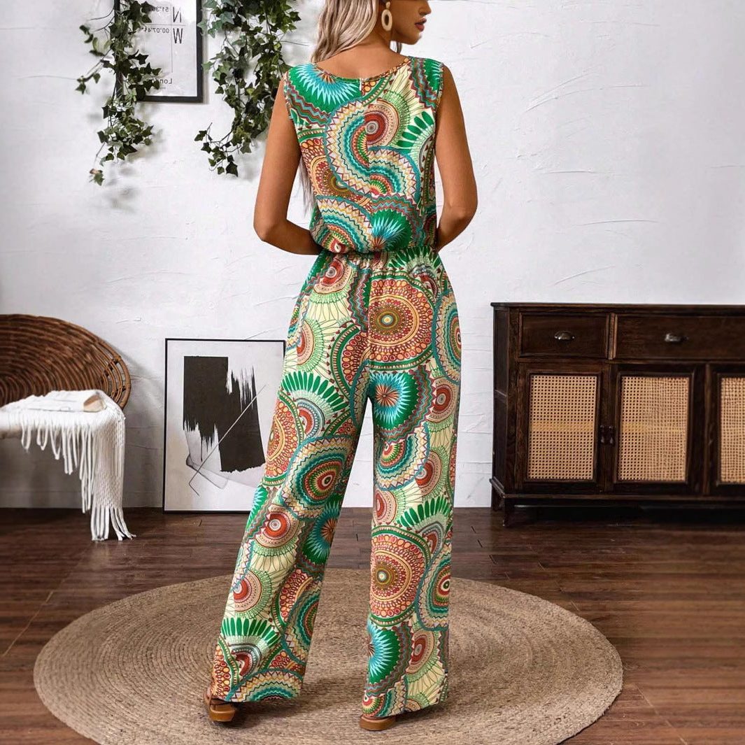 Sleeveless Wide Leg Jumpsuit with Tie Waist for Women