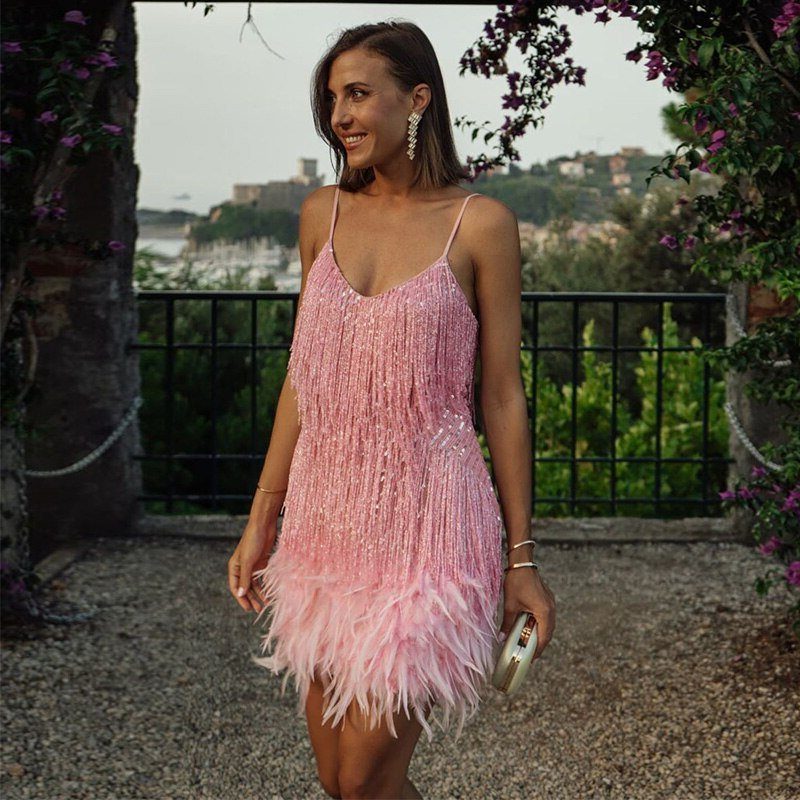 Slip Dress with V-Neck and Fringe for Women