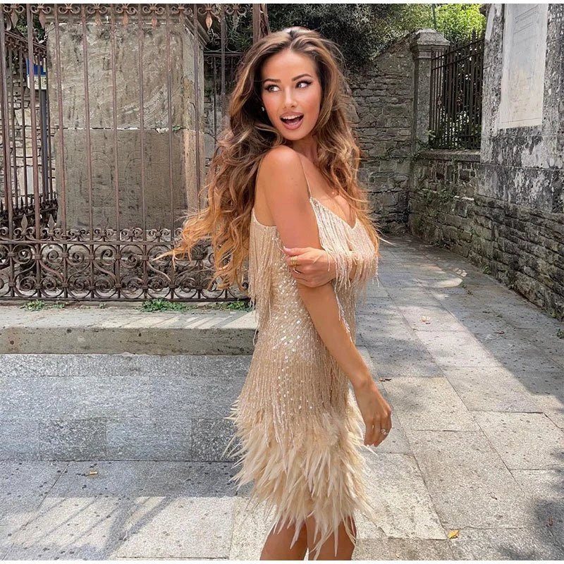 Slip Dress with V-Neck and Fringe for Women