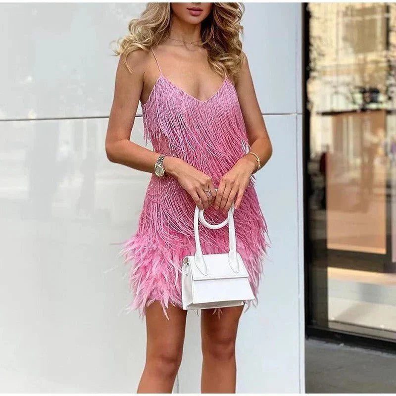 Slip Dress with V-Neck and Fringe for Women