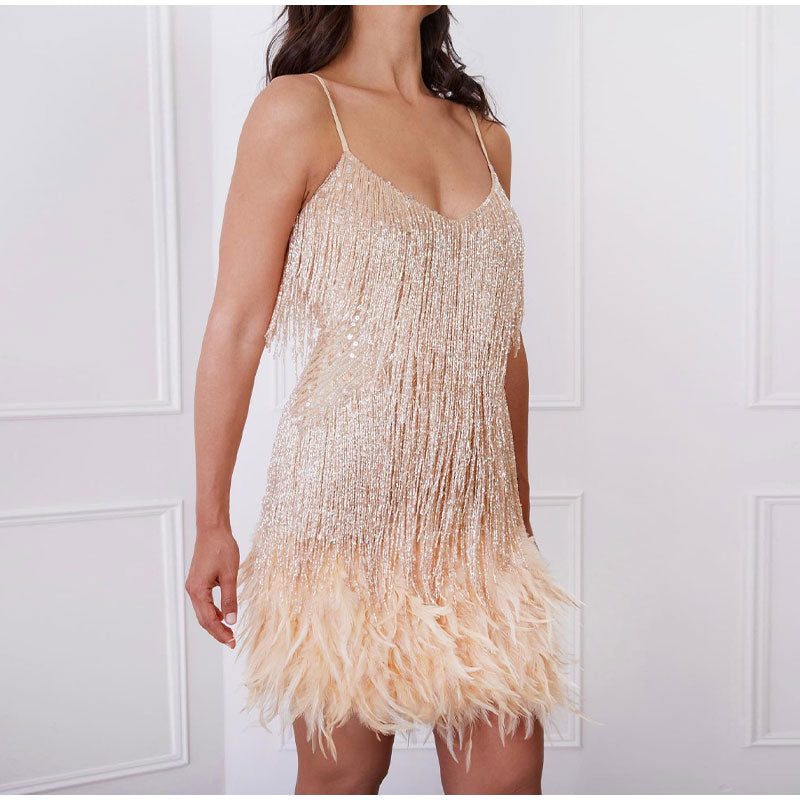 Slip Dress with V-Neck and Fringe for Women