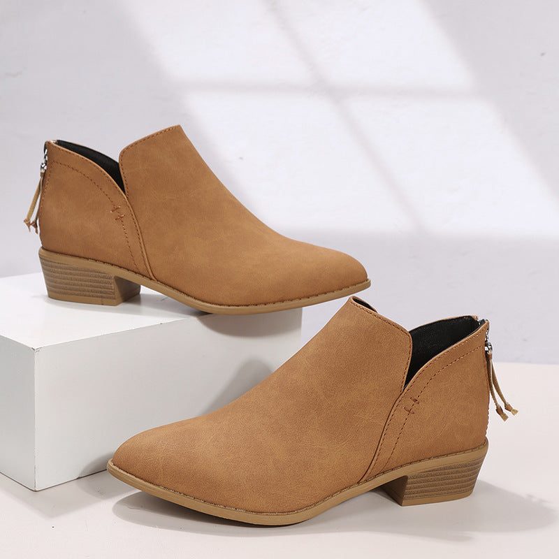 Slip-On Pointed Toe Ankle Boots with Block Heel for Women