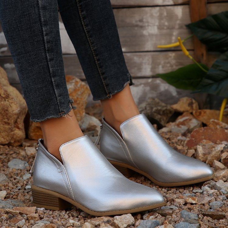 Slip-On Pointed Toe Ankle Boots with Block Heel for Women