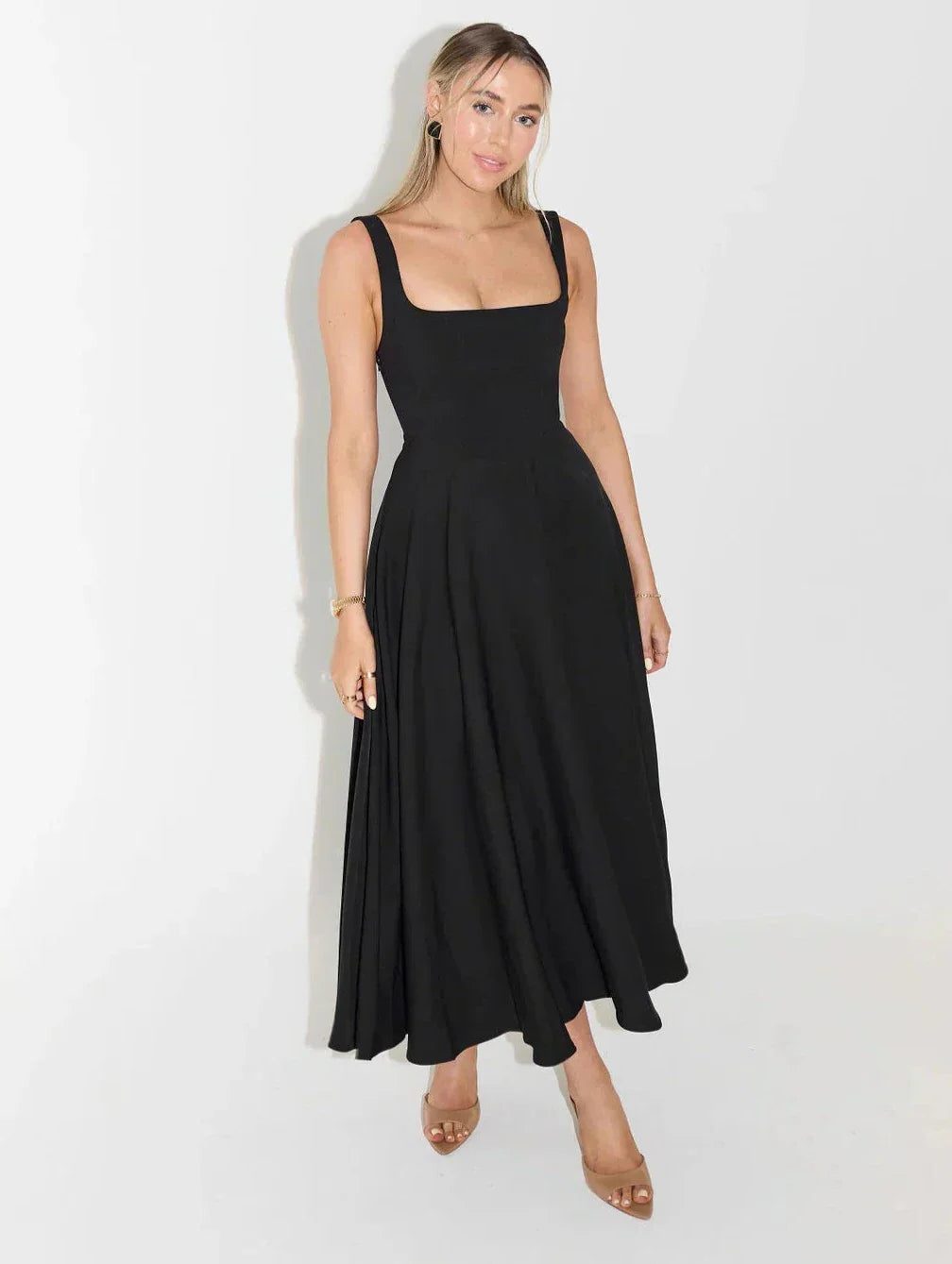 Square Neck Midi Dress for Women - Black