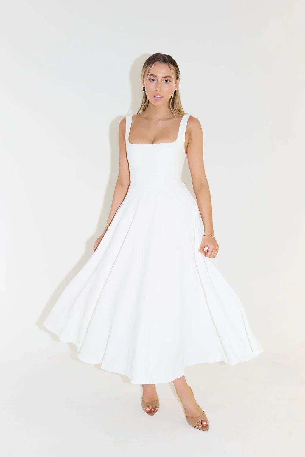 Square Neck Midi Dress for Women - White
