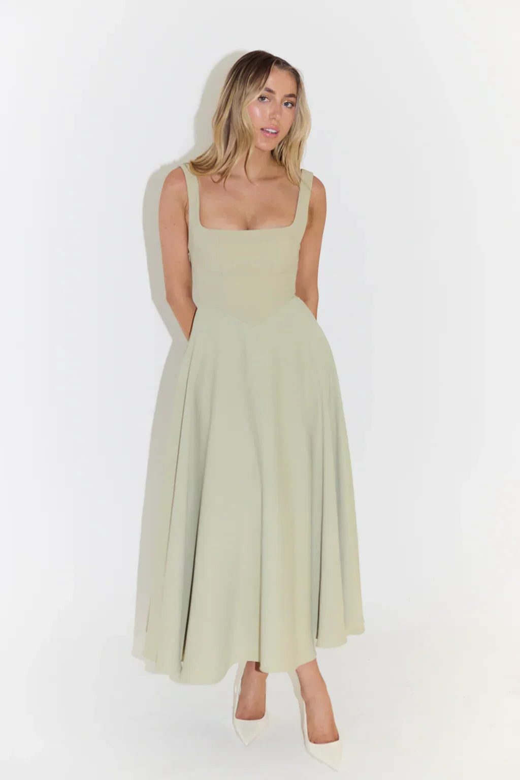 Square Neck Midi Dress for Women - Mint Green (Out of Stock)