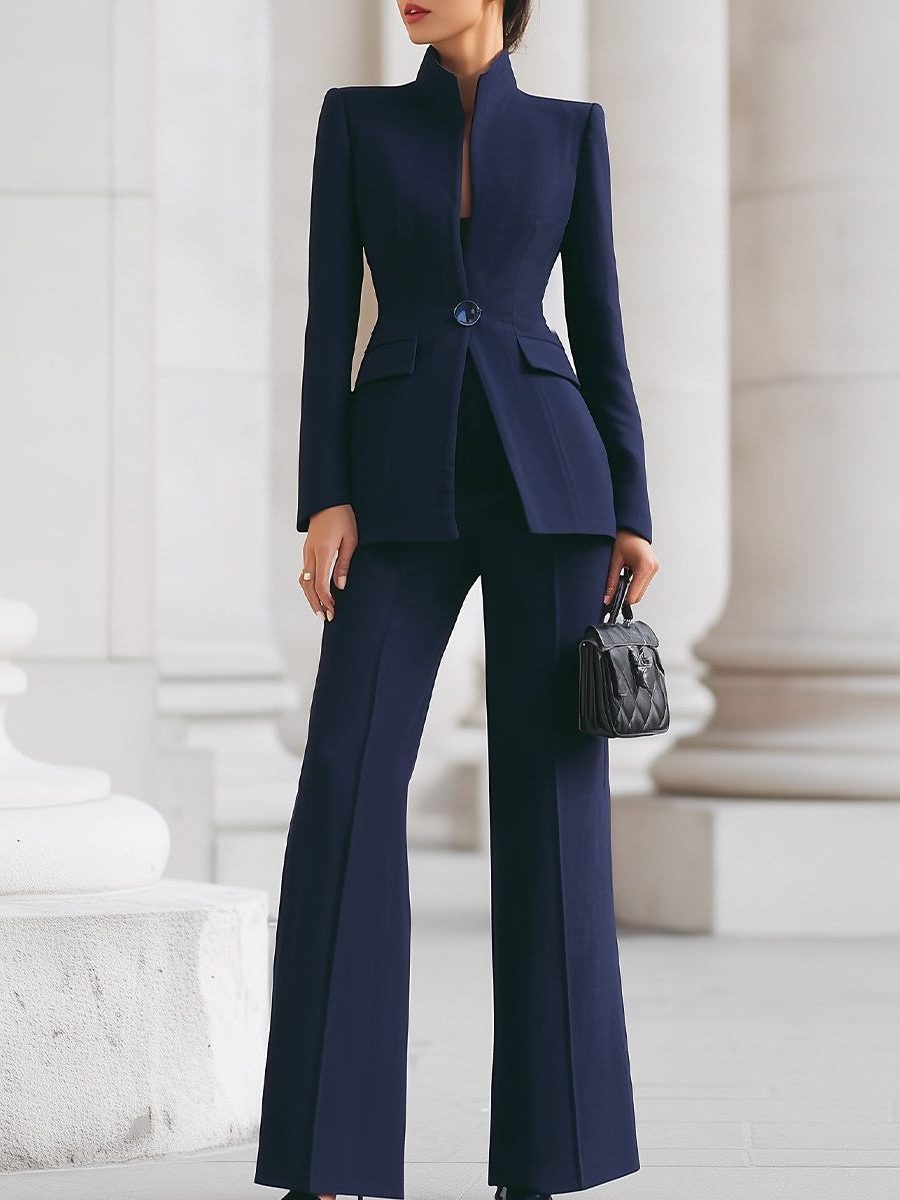 Stand Collar Blazer and Wide Leg Trousers Suit Set for Women