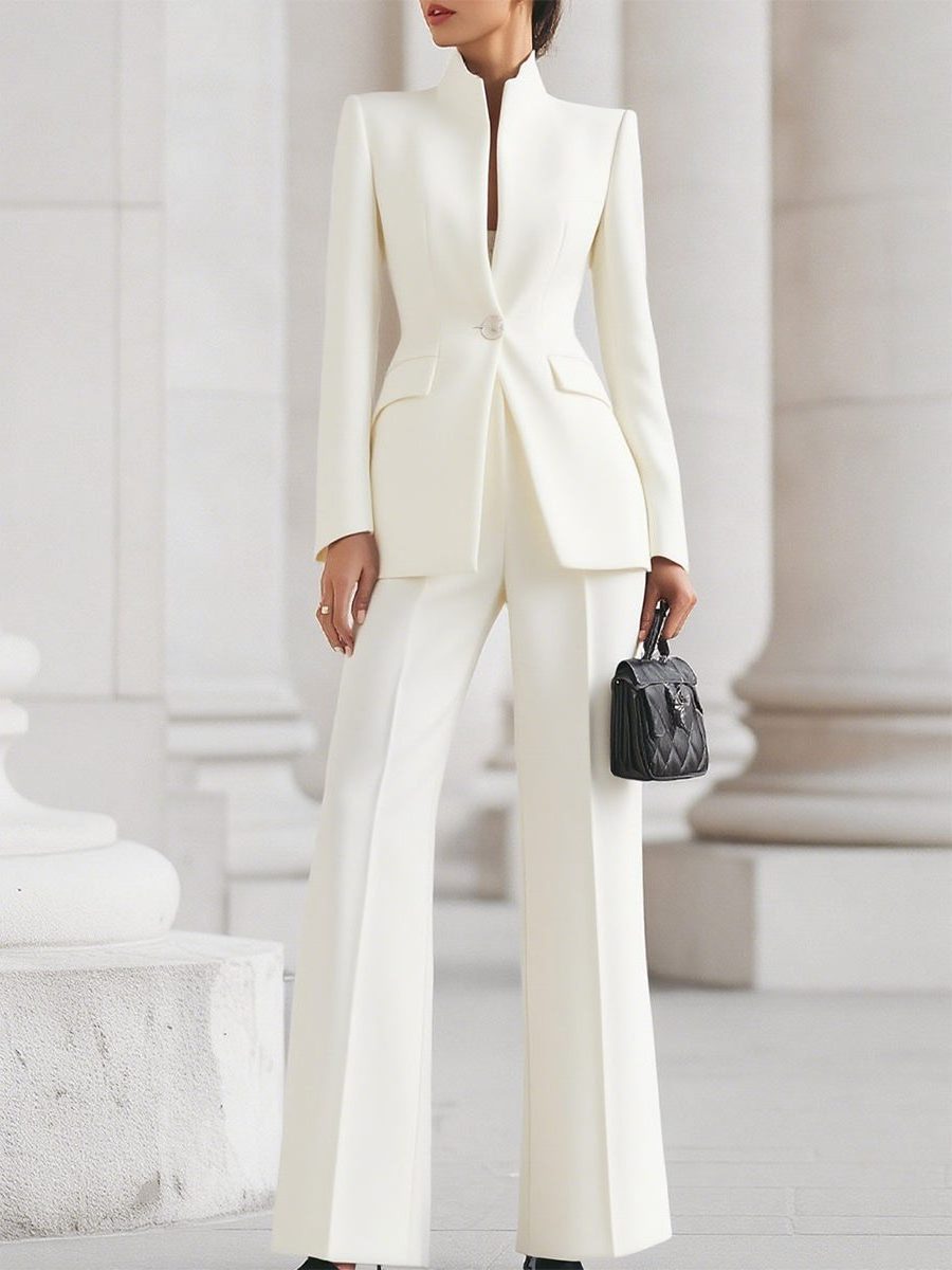 Stand Collar Blazer and Wide Leg Trousers Suit Set for Women - White