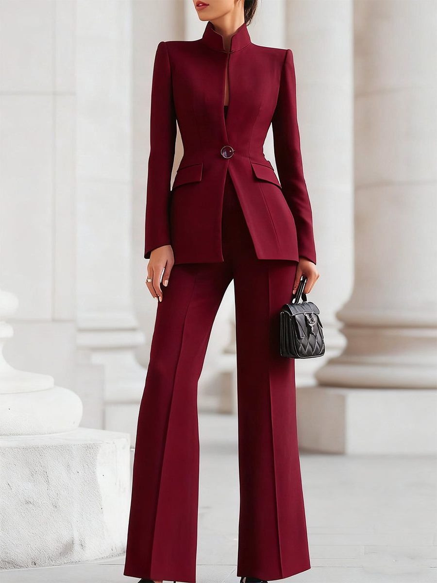 Stand Collar Blazer and Wide Leg Trousers Suit Set for Women - Burgundy