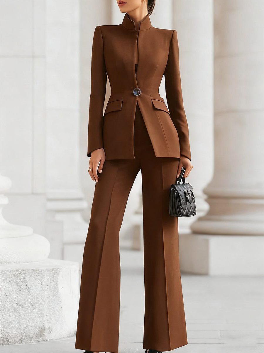 Stand Collar Blazer and Wide Leg Trousers Suit Set for Women - Brown