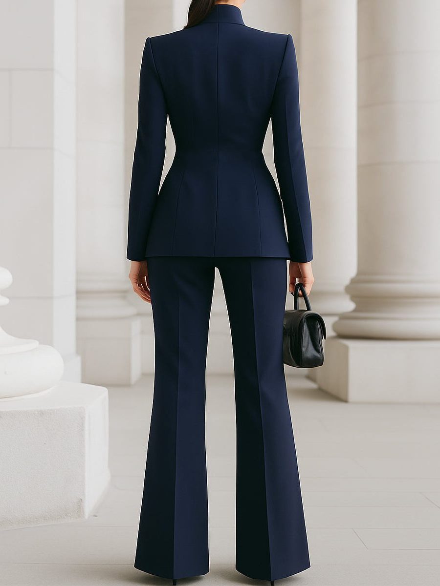 Stand Collar Blazer and Wide Leg Trousers Suit Set for Women - View 8