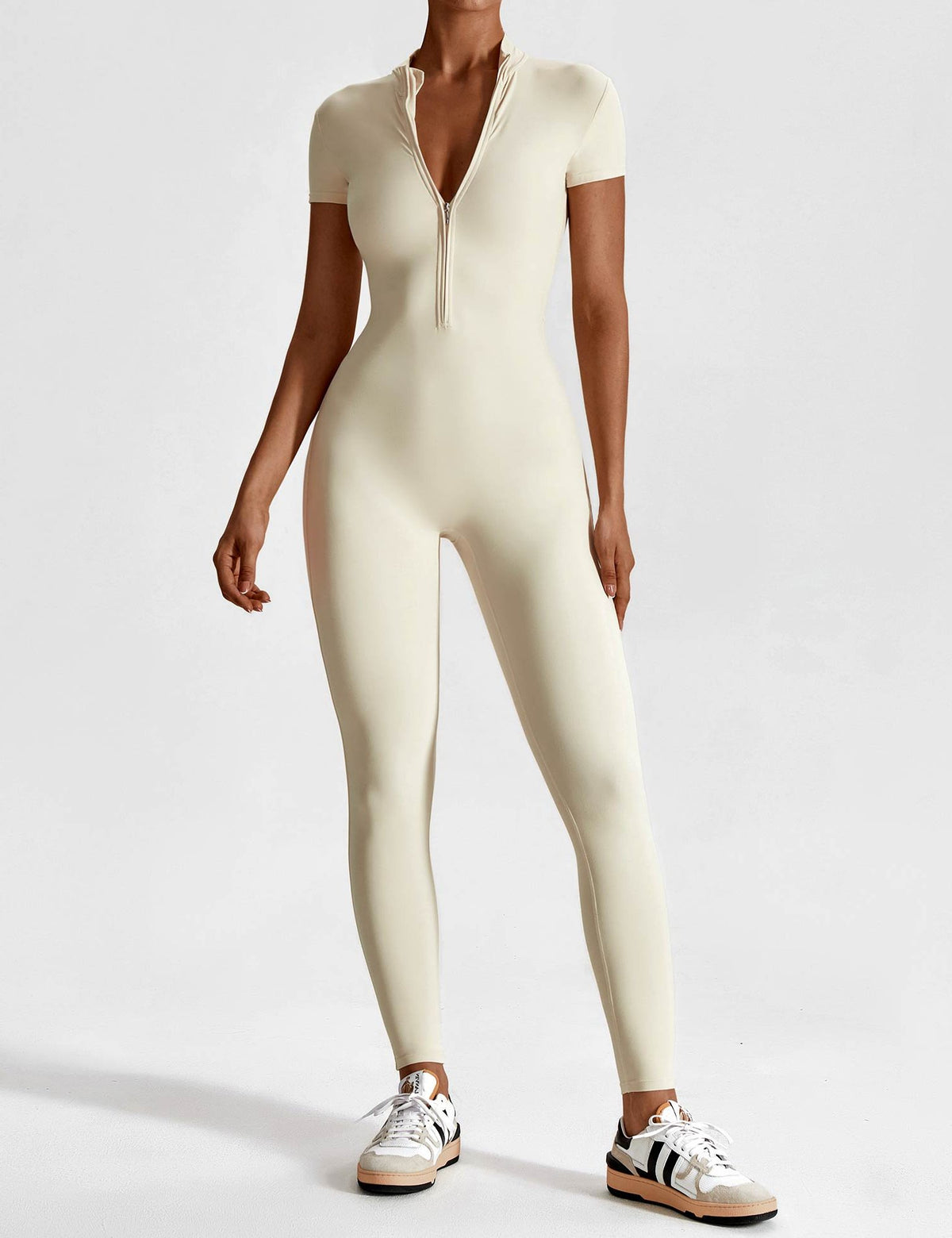Stand Collar Zip-Up Jumpsuit for Women - Beige (2)