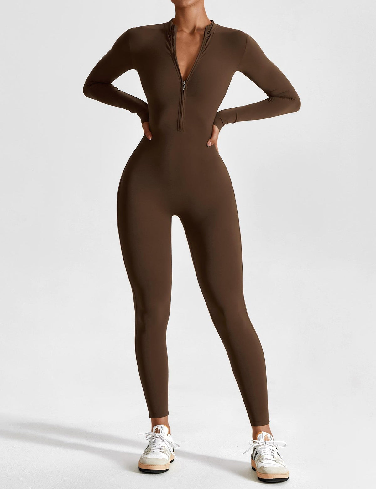 Stand Collar Zip-Up Jumpsuit for Women - Coffee