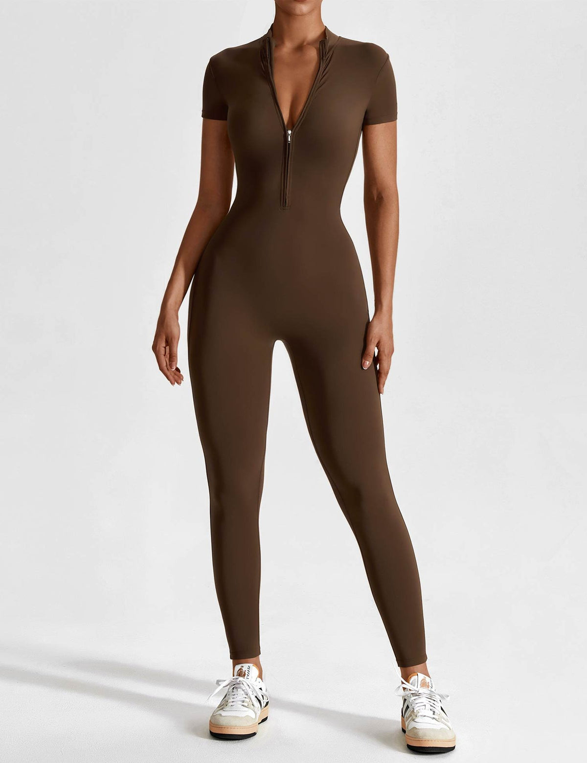 Stand Collar Zip-Up Jumpsuit for Women - Coffee (2)