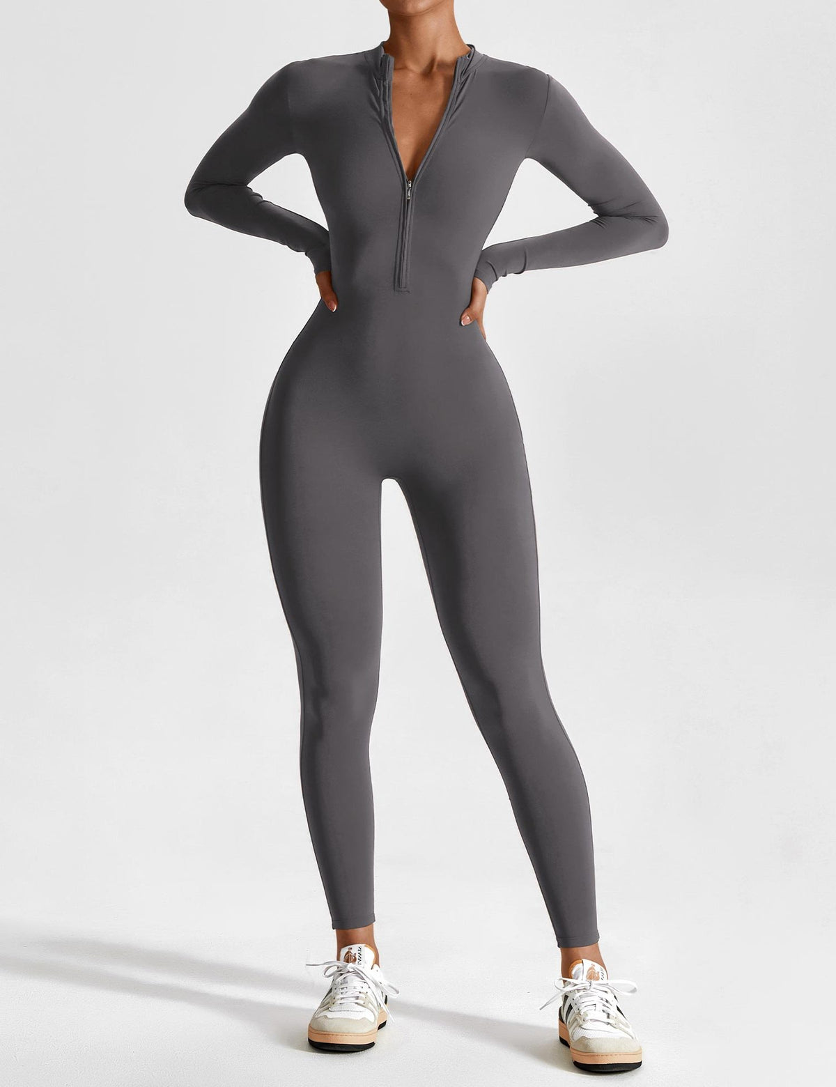 Stand Collar Zip-Up Jumpsuit for Women - Gray