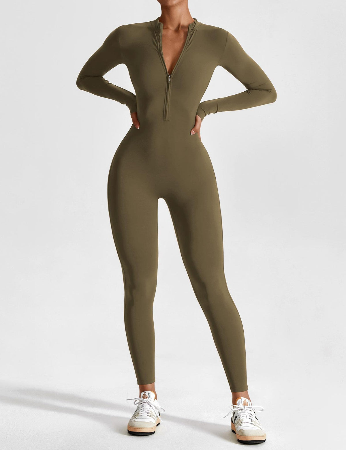 Stand Collar Zip-Up Jumpsuit for Women - Olive Green