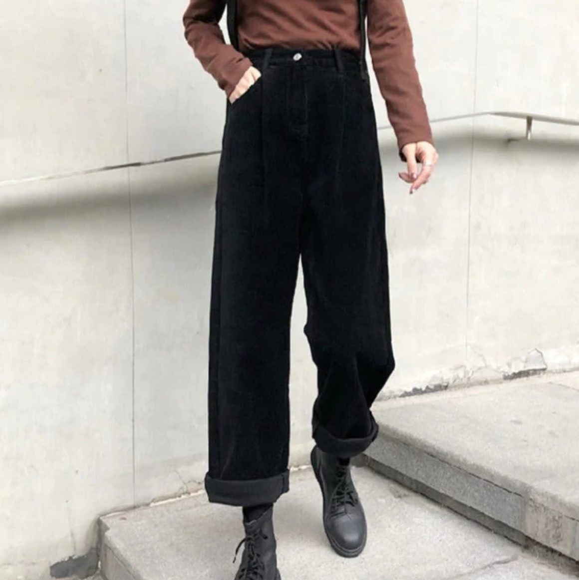 Straight Leg Corduroy Trousers for Women - Black
