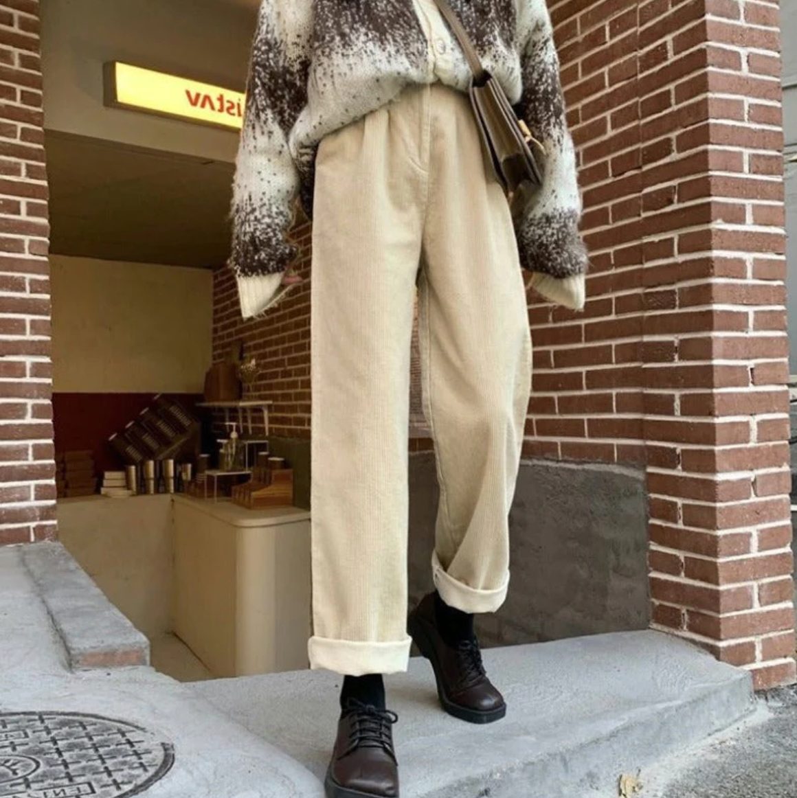 Straight Leg Corduroy Trousers for Women - Beige