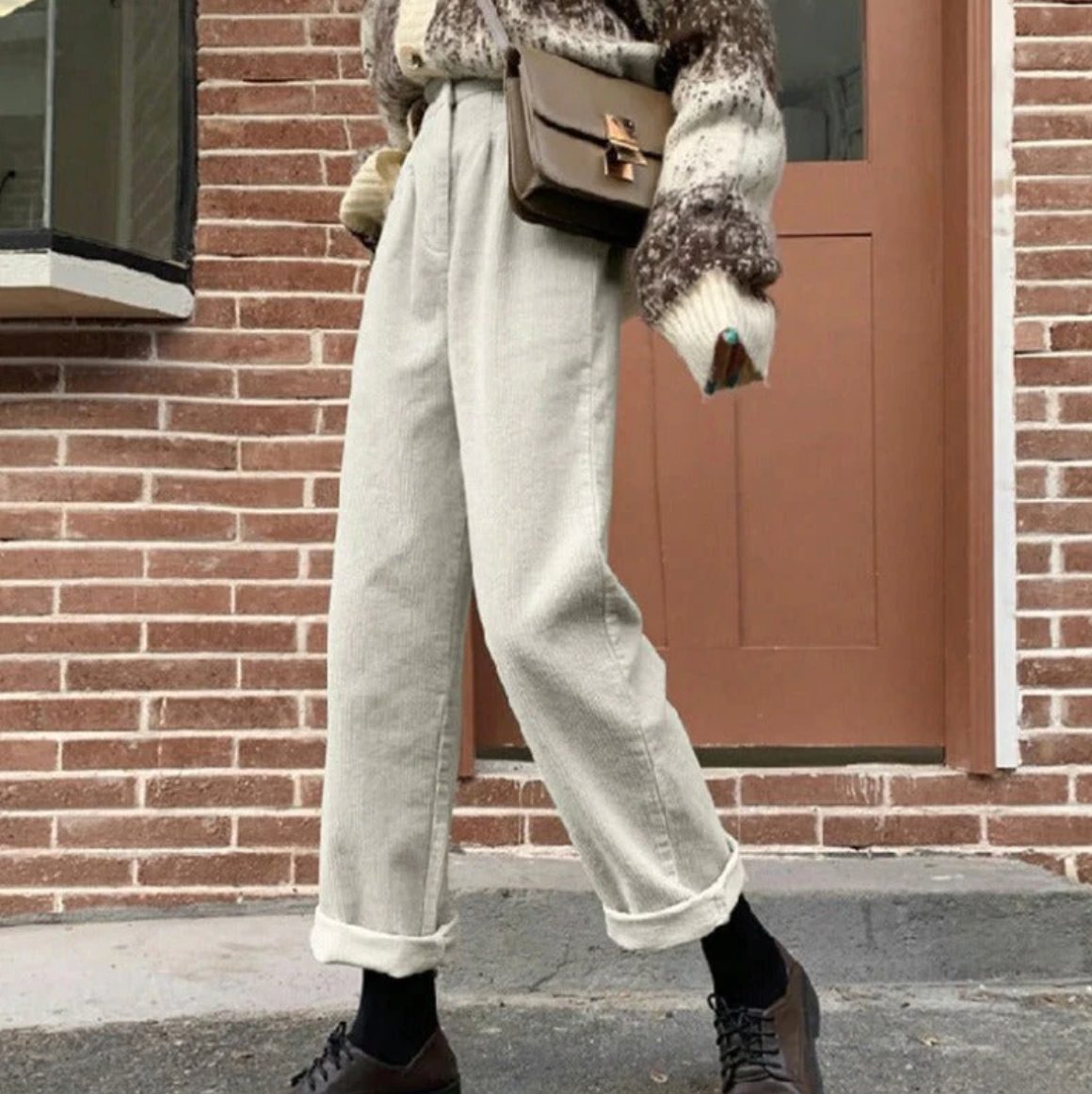 Straight Leg Corduroy Trousers for Women - White