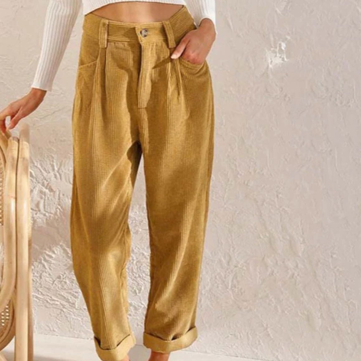 Straight Leg Corduroy Trousers for Women - Yellow