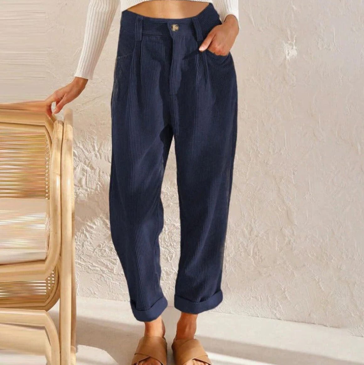 Straight Leg Corduroy Trousers for Women - Blue