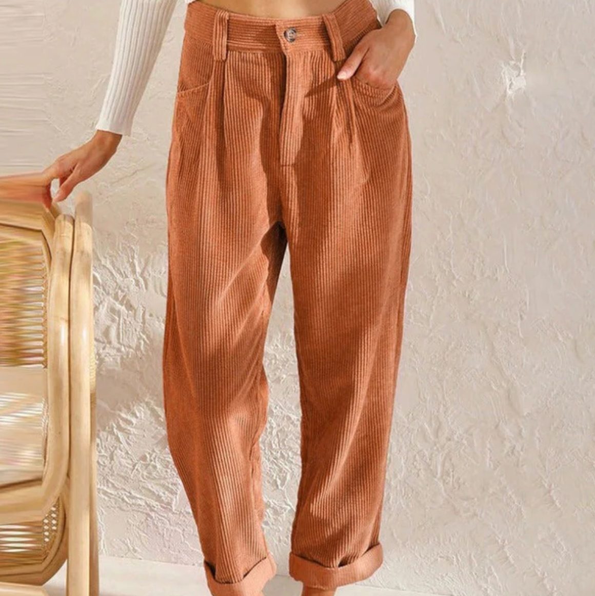 Straight Leg Corduroy Trousers for Women - Orange